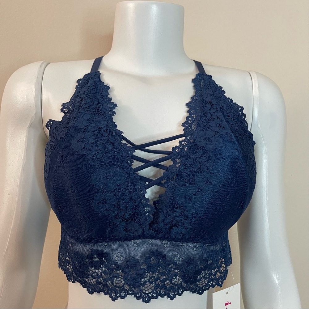Blue lace crisscross back strappy front removable pads bralette